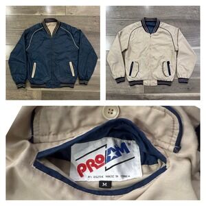 VTG 80s/90s PRO AM Reversible Bomber Jacket Navy/Beige Mens‎ Medium Korea Made